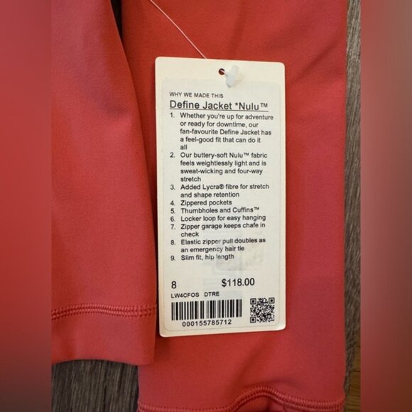 New with tags Lululemon Define Jacket Nulu.Desert Red. Size 8. Orange tone. - Picture 10 of 16